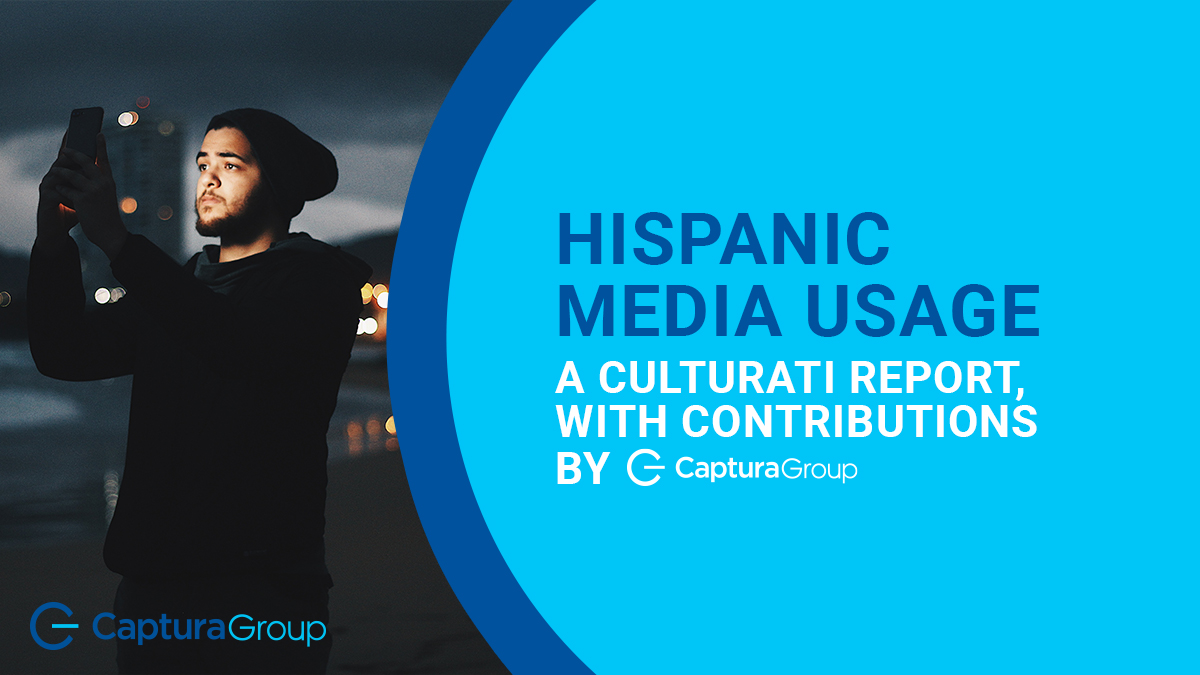 Hispanic Media Usage: A Culturati report, with contributions by Captura Group. Young male with cell phone illuminating face on dark background.